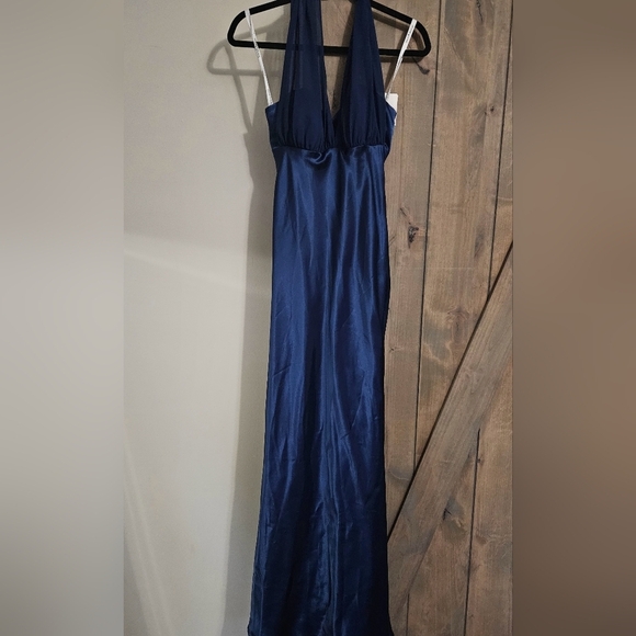 DAVIDS BRIDAL Charmeuse Chiffon Illusion Halter Dress in Blue. Size 2 NWT - Picture 5 of 15